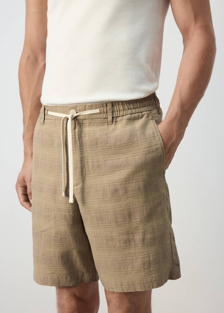 Linen blend checked Bermuda shorts — Medium Brown