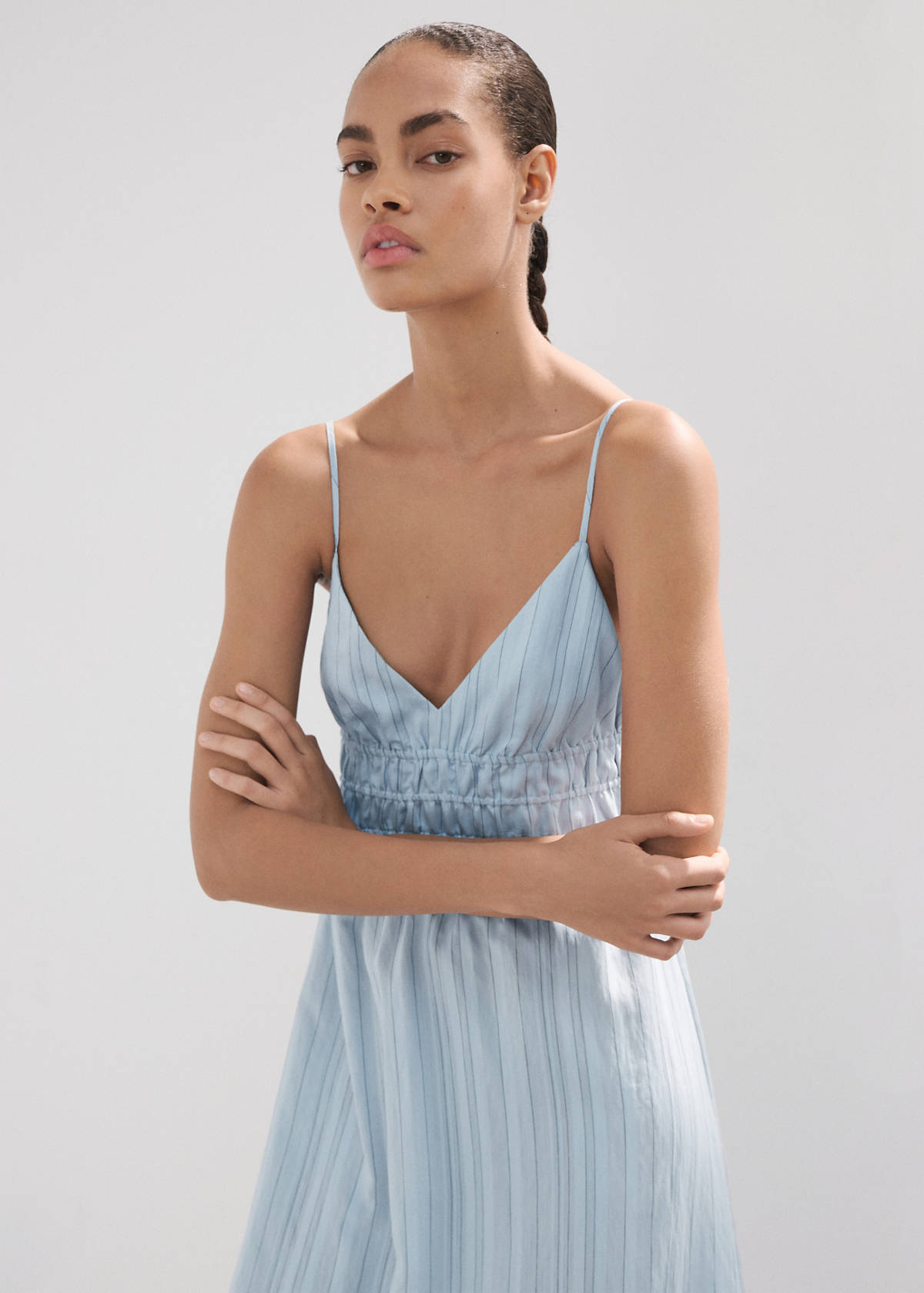 Striped gathered dress — Sky Blue