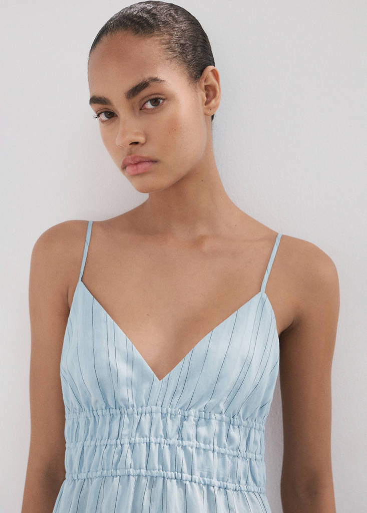 Striped gathered dress — Sky Blue