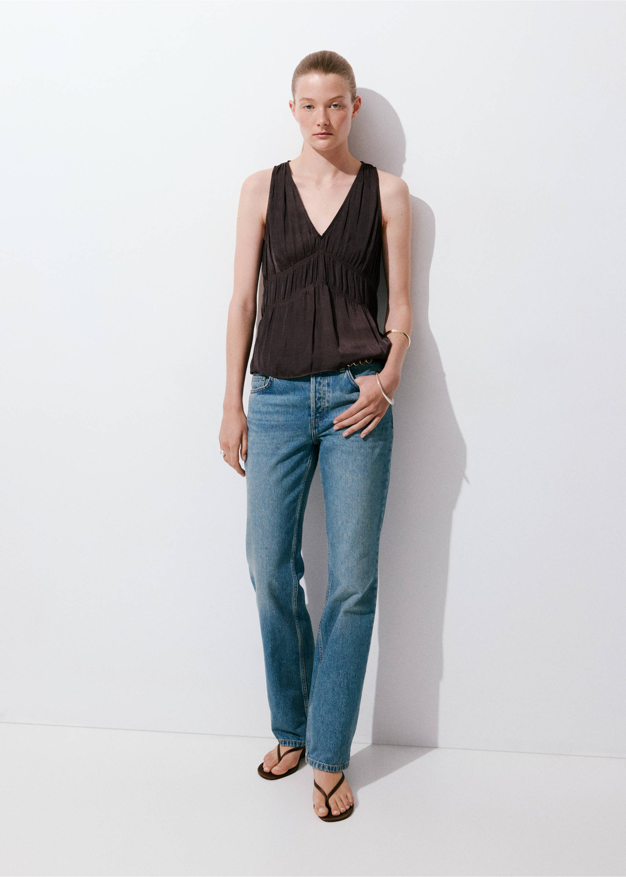 Ruched V-neck top - General plane, Brown. Ref: 37012895-00.
