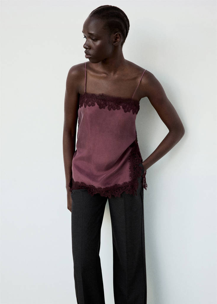 Satin lace top — Maroon