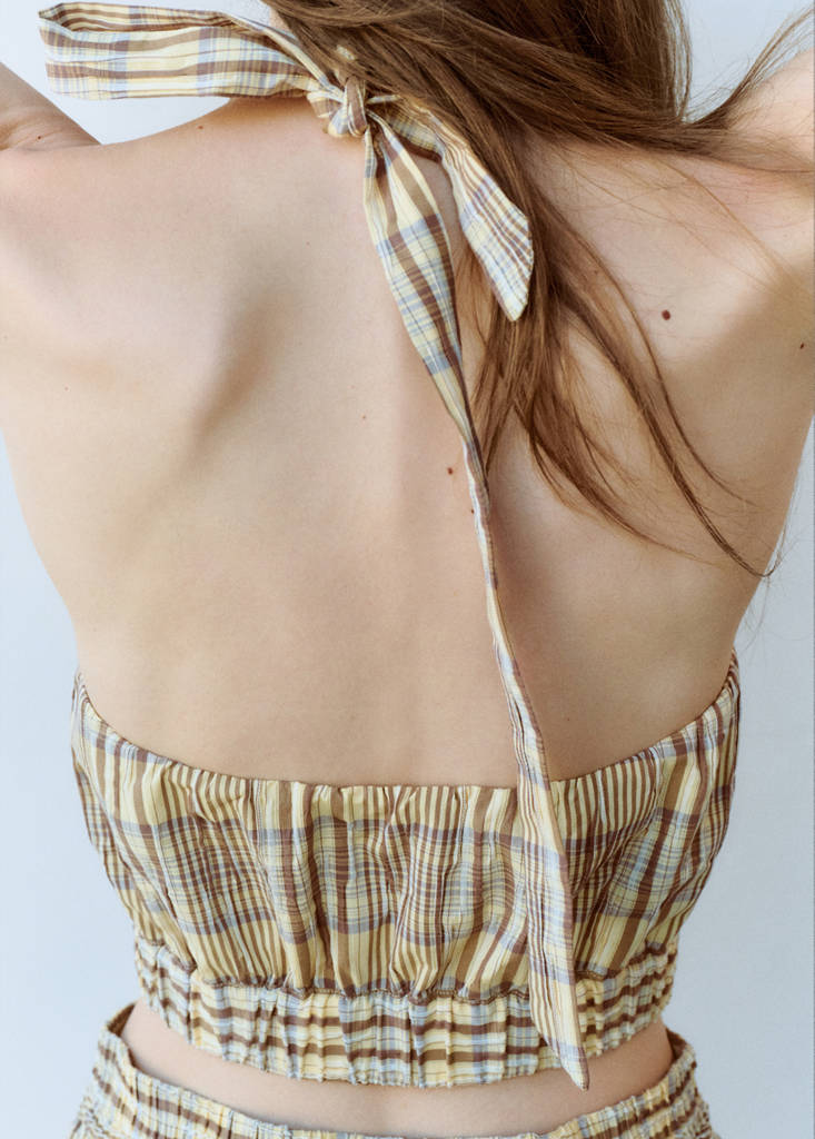 Halter neck check top — Brown