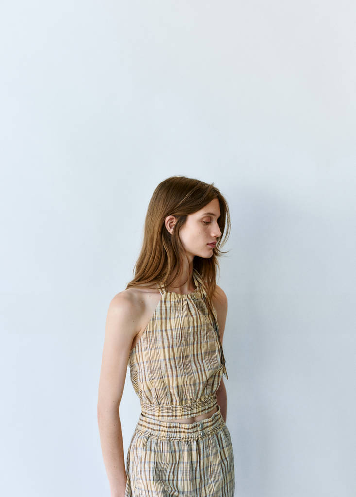 Halter neck check top — Brown