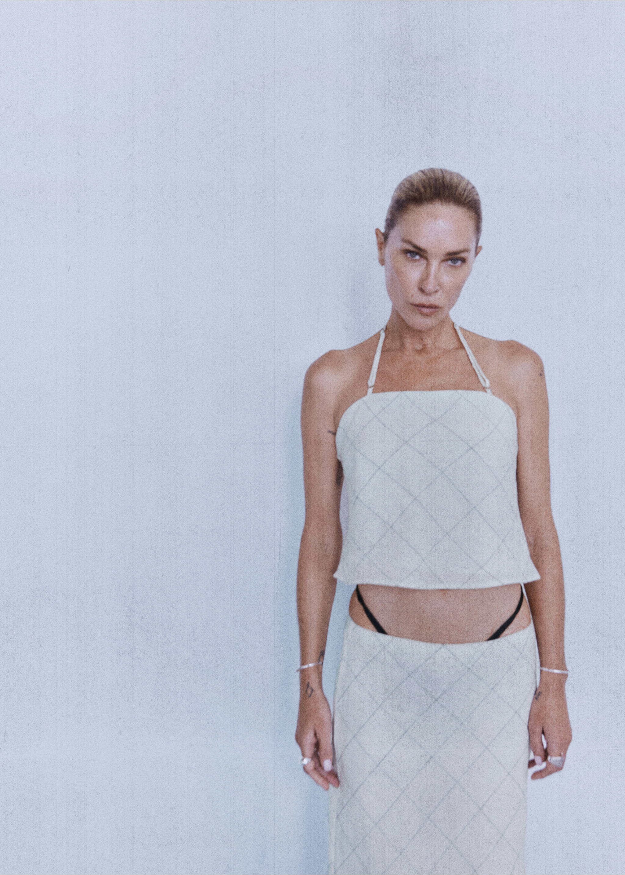 Check linen-blend top - Medium plane, White. Ref: 37012900-00.