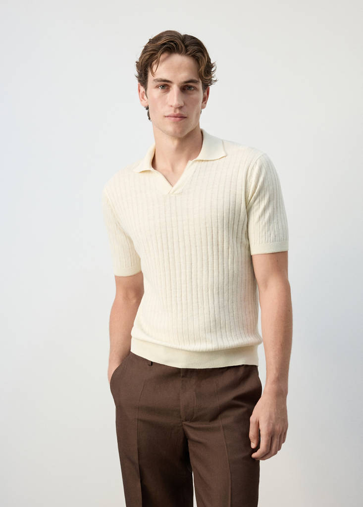 Ribbed linen lyocell blend polo — Off White
