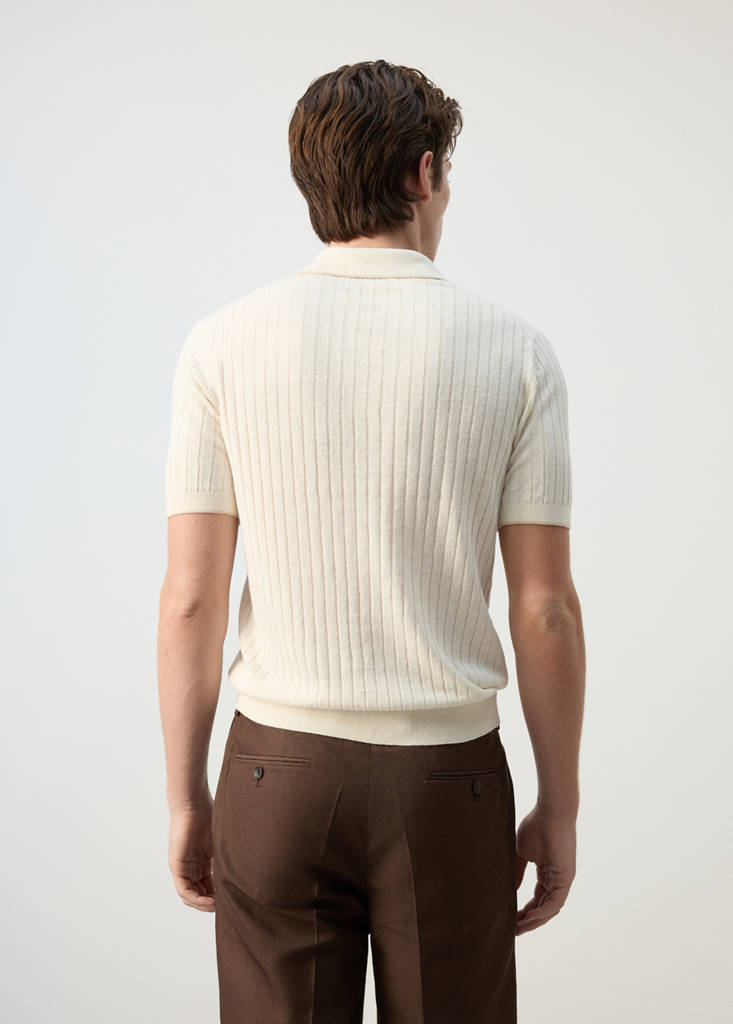 Ribbed linen lyocell blend polo — Off White