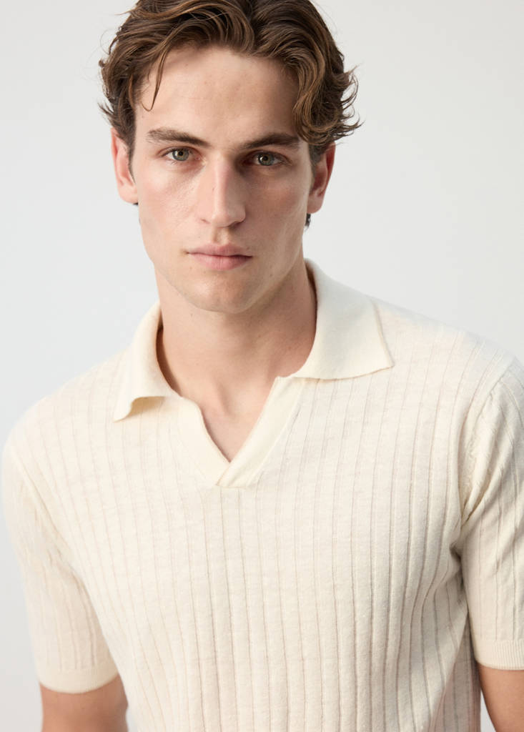 Ribbed linen lyocell blend polo — Off White
