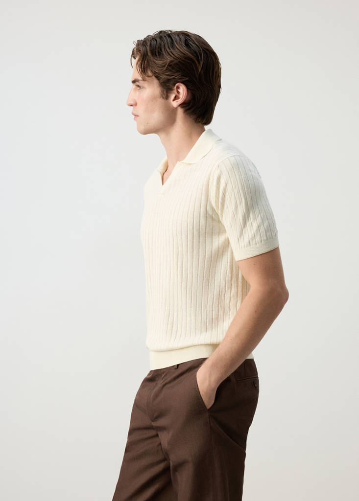 Ribbed linen lyocell blend polo — Off White