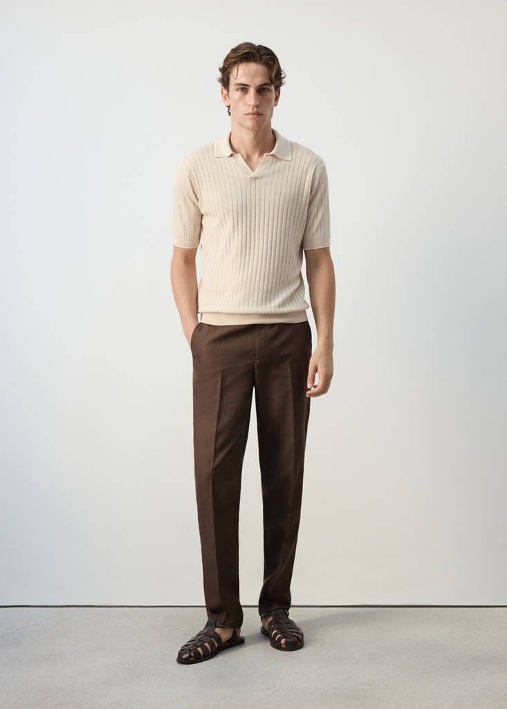 Ribbed linen lyocell blend polo — Beige