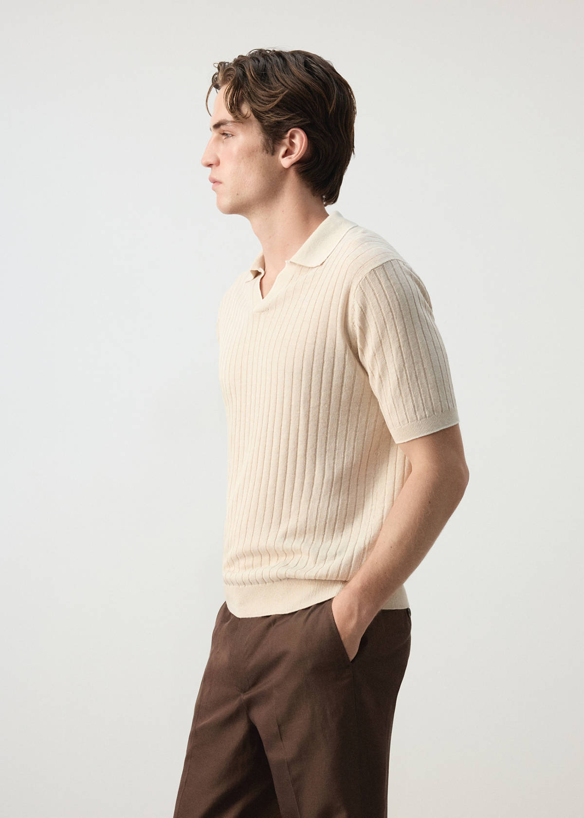Ribbed linen lyocell blend polo — Beige