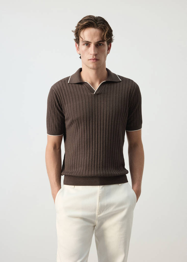 Ribbed linen lyocell blend polo — Brown