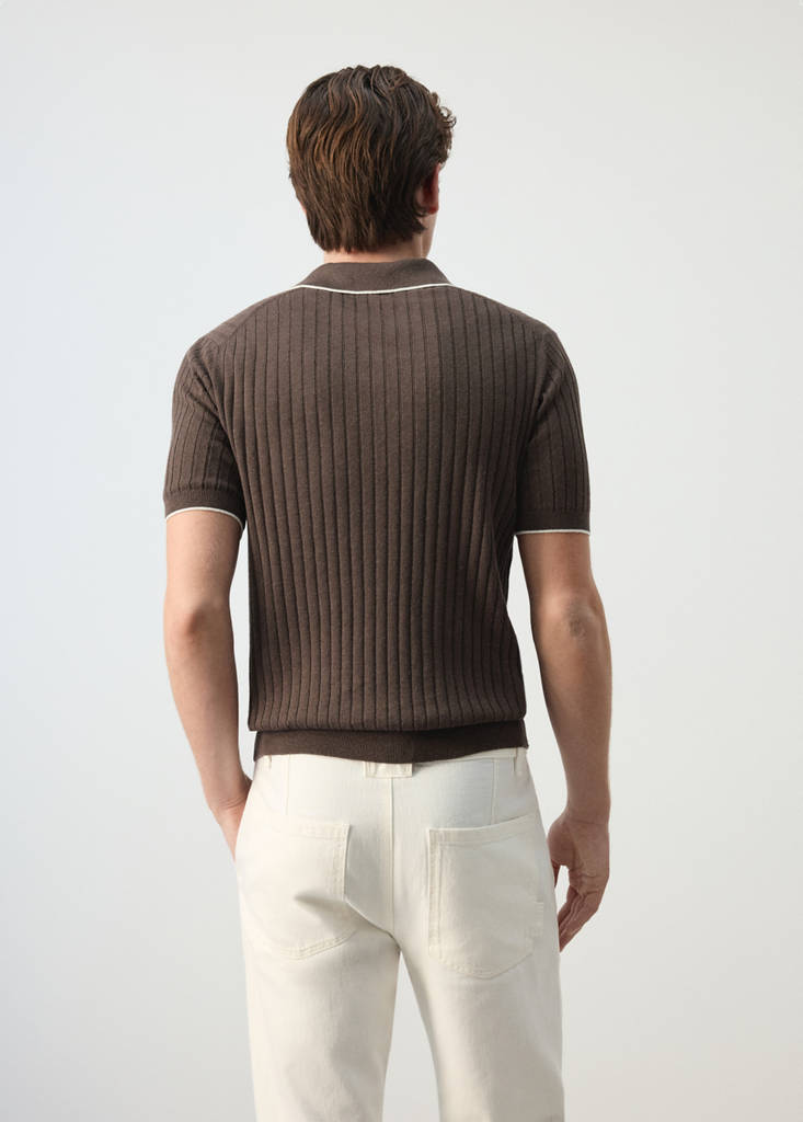 Ribbed linen lyocell blend polo — Brown