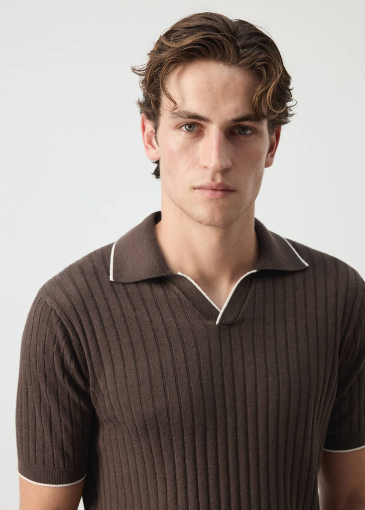 Ribbed linen lyocell blend polo — Brown