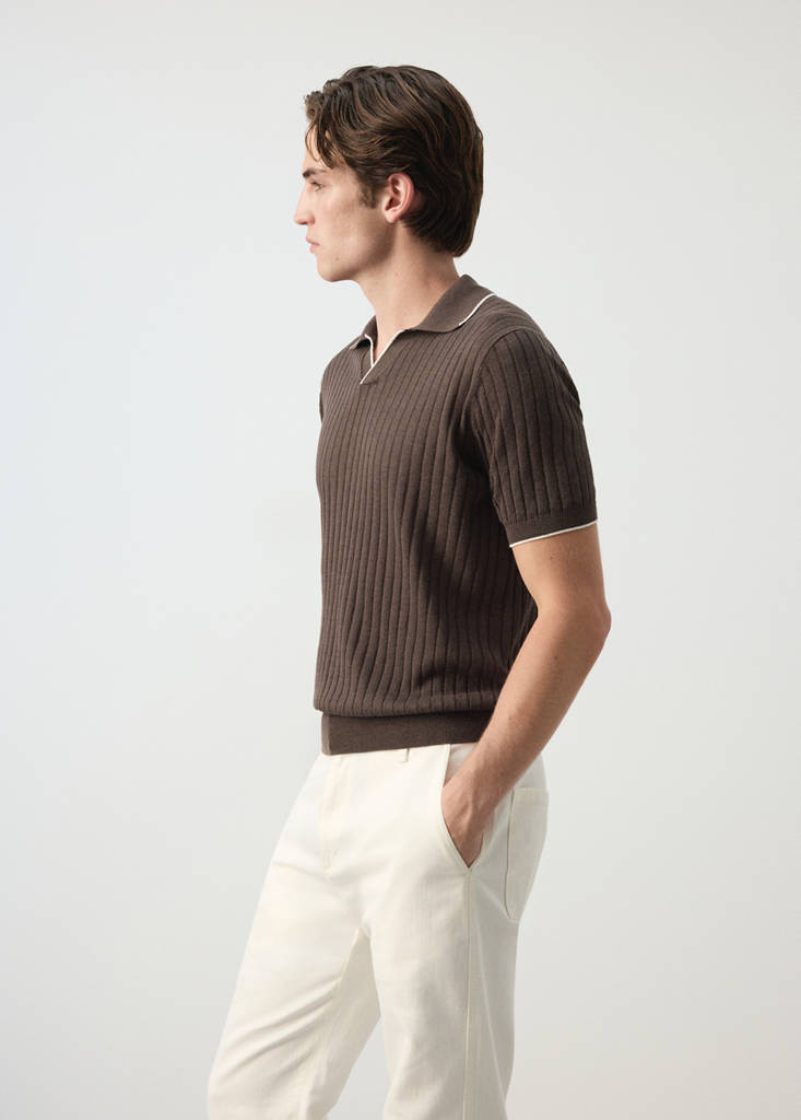 Ribbed linen lyocell blend polo — Brown