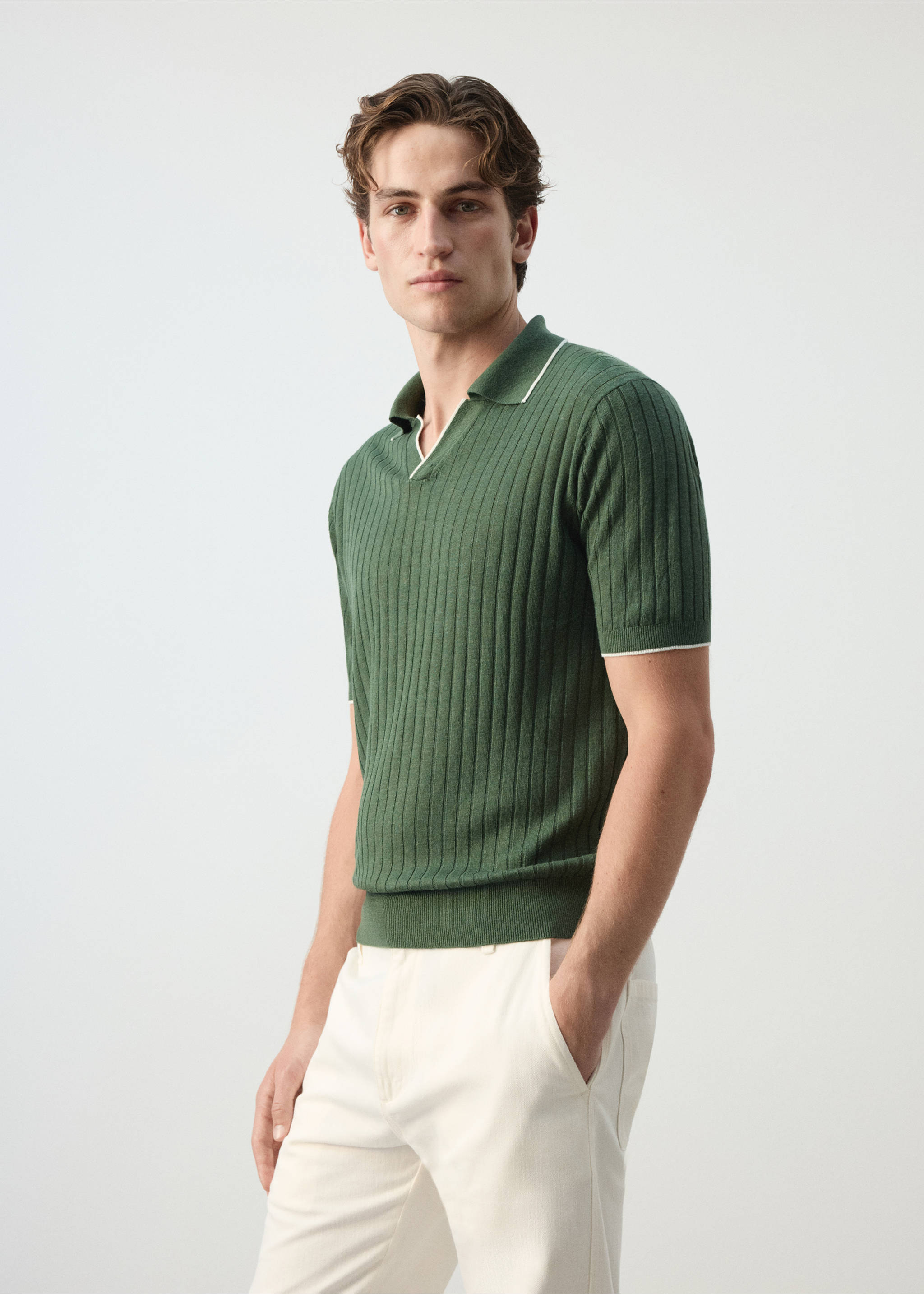 Regular-fit ribbed polo shirt - Details of the article 2, Forest Green. Ref: 37012902-00.