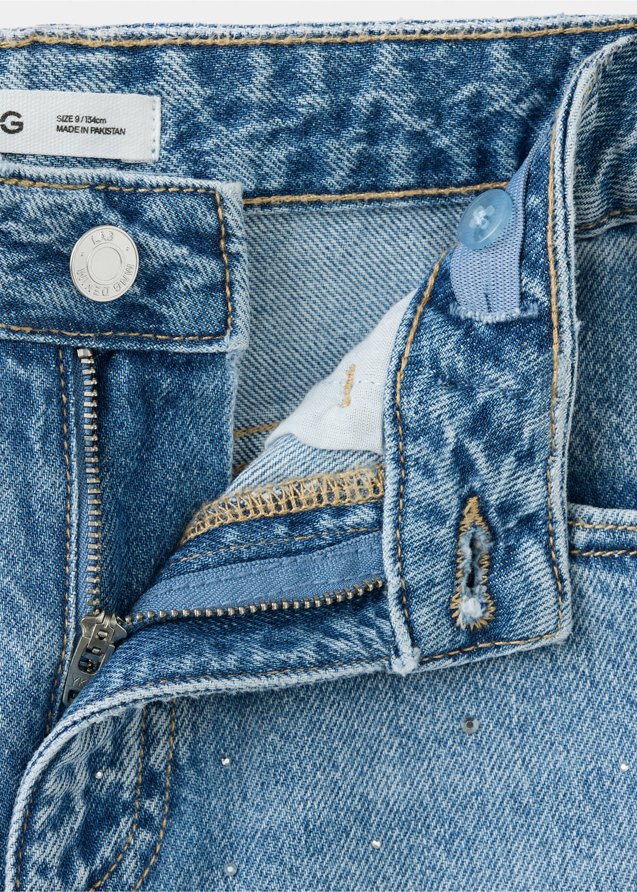 Wide leg jeans with rhinestones - Details of the article 8, Medium Blue. Ref: 37012917-00.