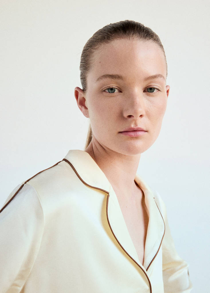 Satin viscose shirt with contrast pipping — Ivory White