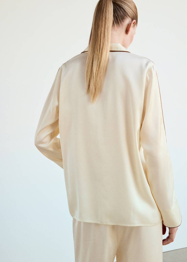 Satin viscose shirt with contrast pipping — Ivory White