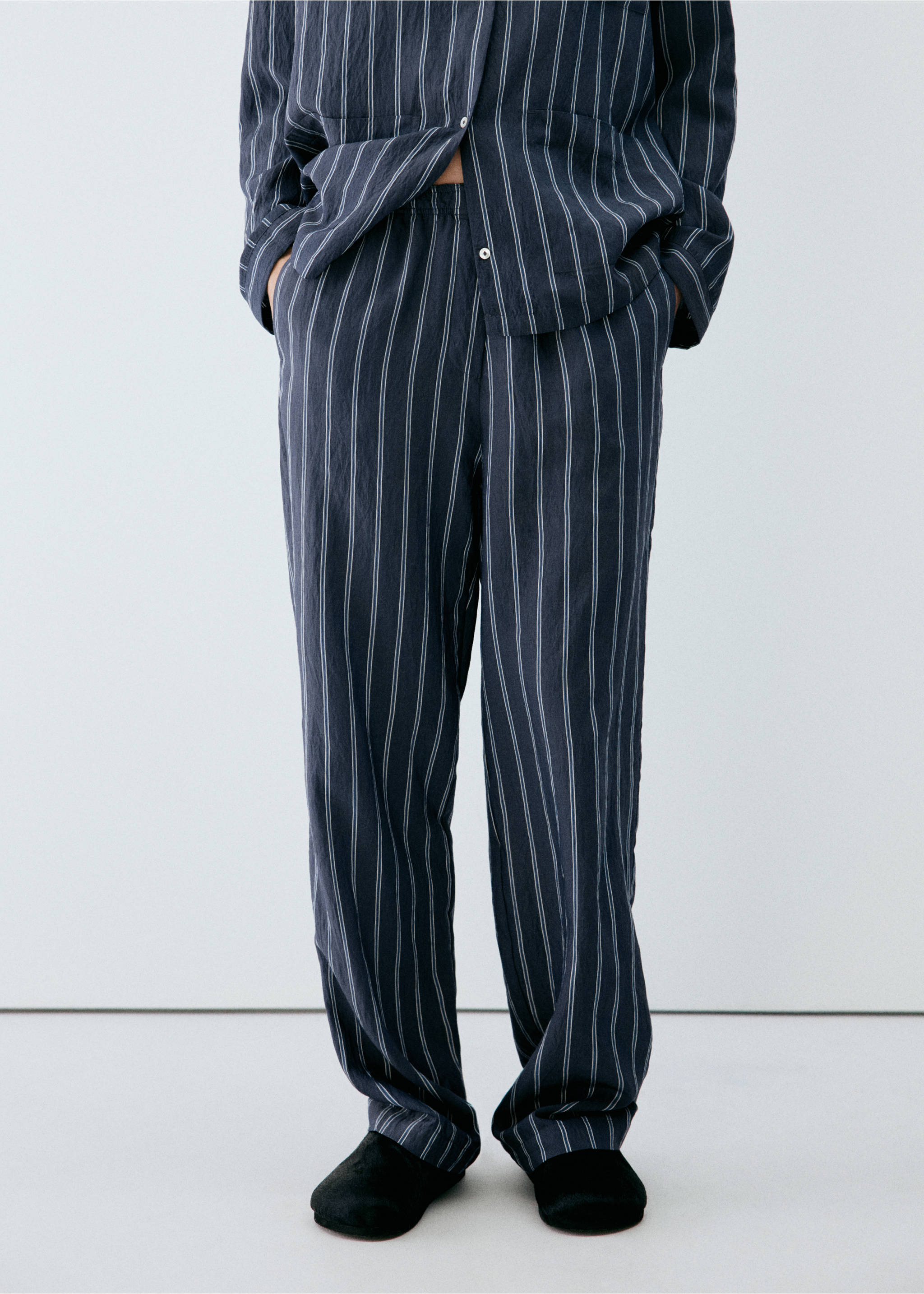 Striped pajama trousers - Medium plane, Navy. Ref: 37012930-00.