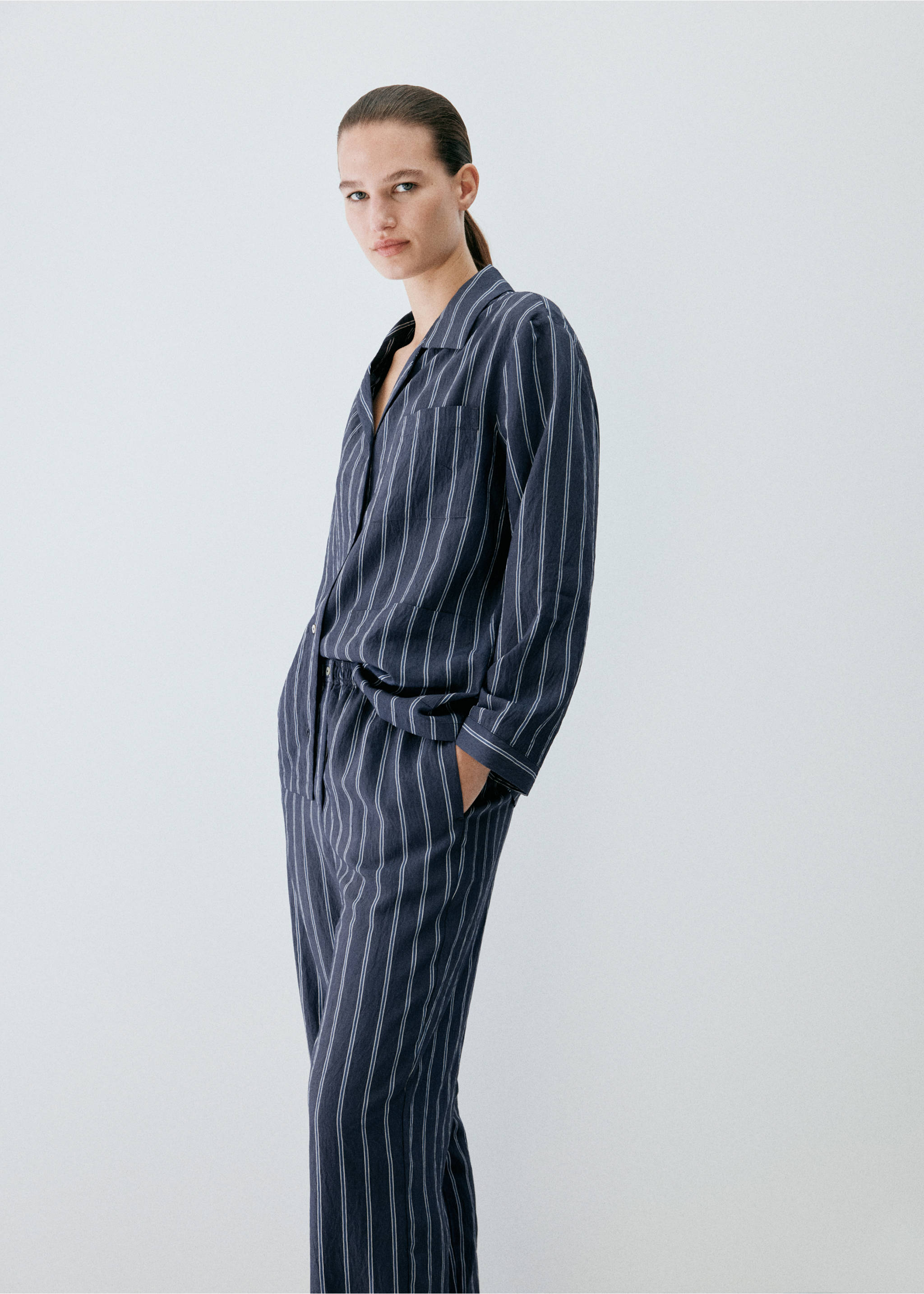 Striped pajama trousers - Details of the article 1, Navy. Ref: 37012930-00.