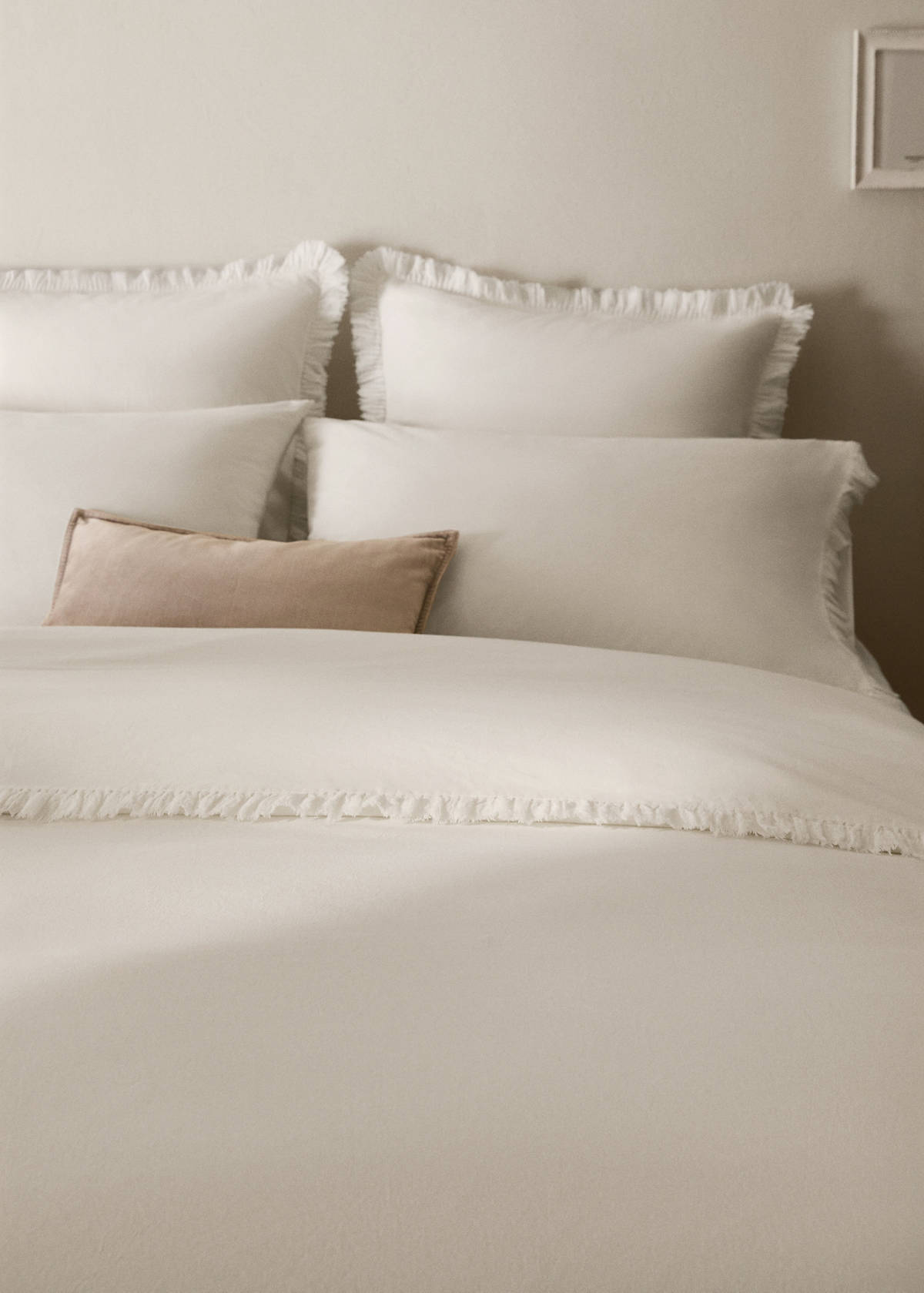 Washed cotton duvet cover with frayed gauze frill for 150/160 cm bed — Ecru