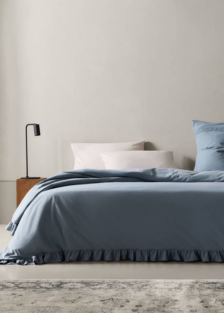 Washed cotton duvet cover with voile ruffle for 180/200 cm bed — Blue
