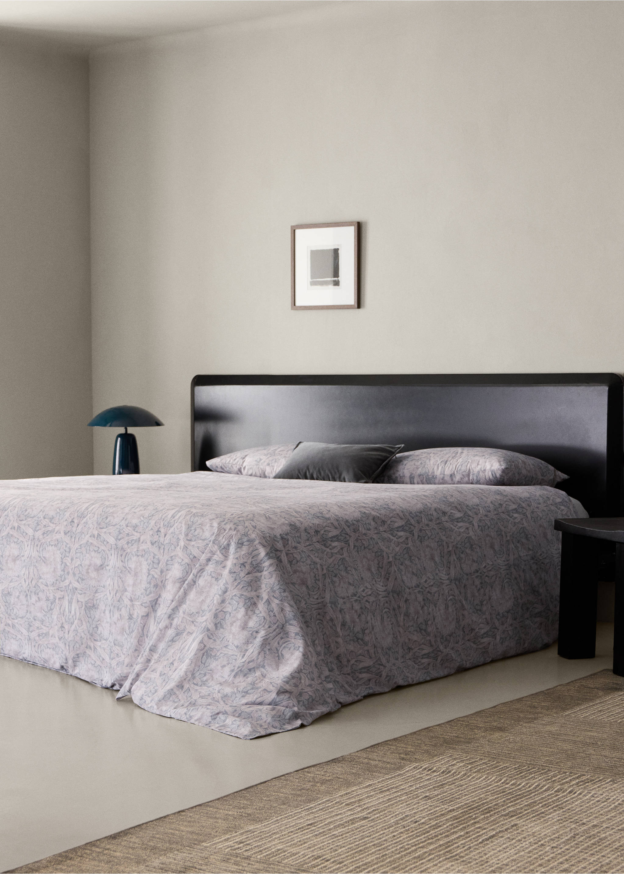 Percale cotton duvet cover 200 thread count decorative floral print for 150/160cm bed - General plane, Dark Grey. Ref: 37012954-00.