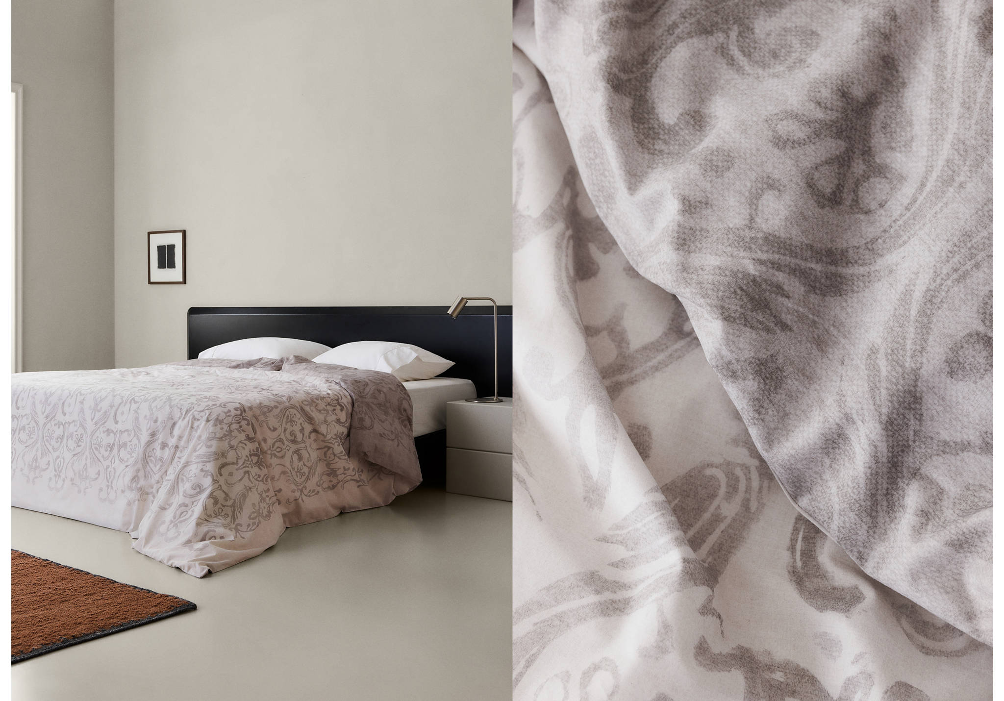 Close-up and room view of a grey and white patterned duvet cover set in a minimalist bedroom.