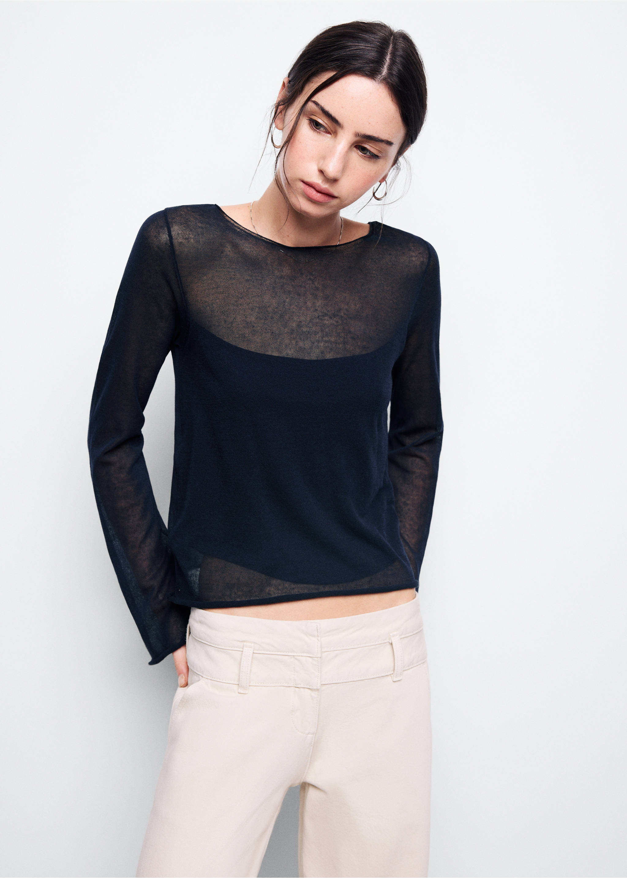 Semi-transparent cotton jumper - Medium plane, Navy. Ref: 37013297-00.