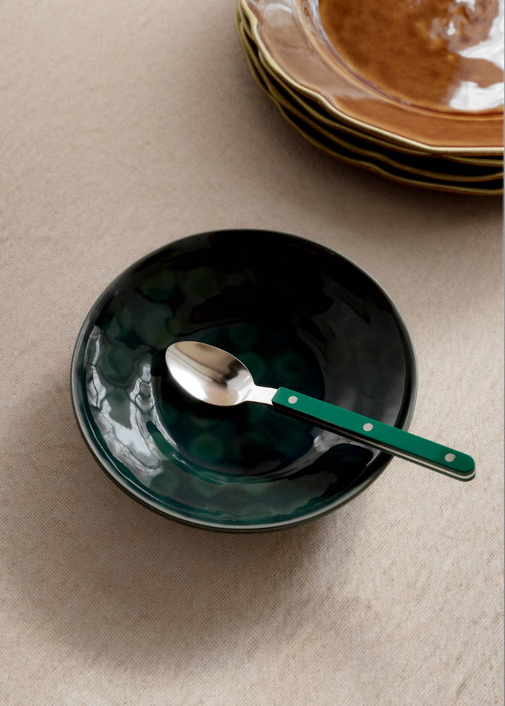 Stoneware deep bowl with circles — Petrol Blue