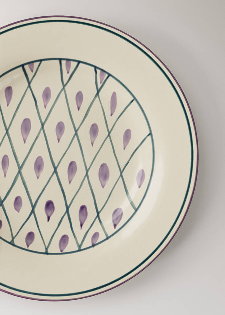 Stoneware dessert plate with hand-painted design — Petrol Blue