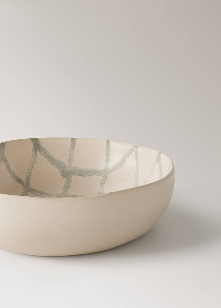 Stoneware bowl with plaid detail — Forest Green