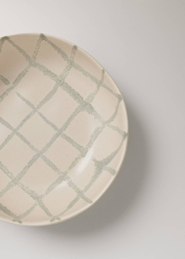 Stoneware bowl with plaid detail — Forest Green