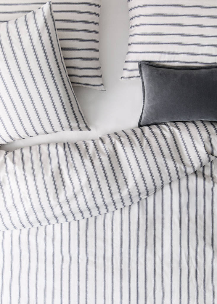 Percale cotton duvet cover 200 thread count striped print for 180/200 cm bed — Ecru