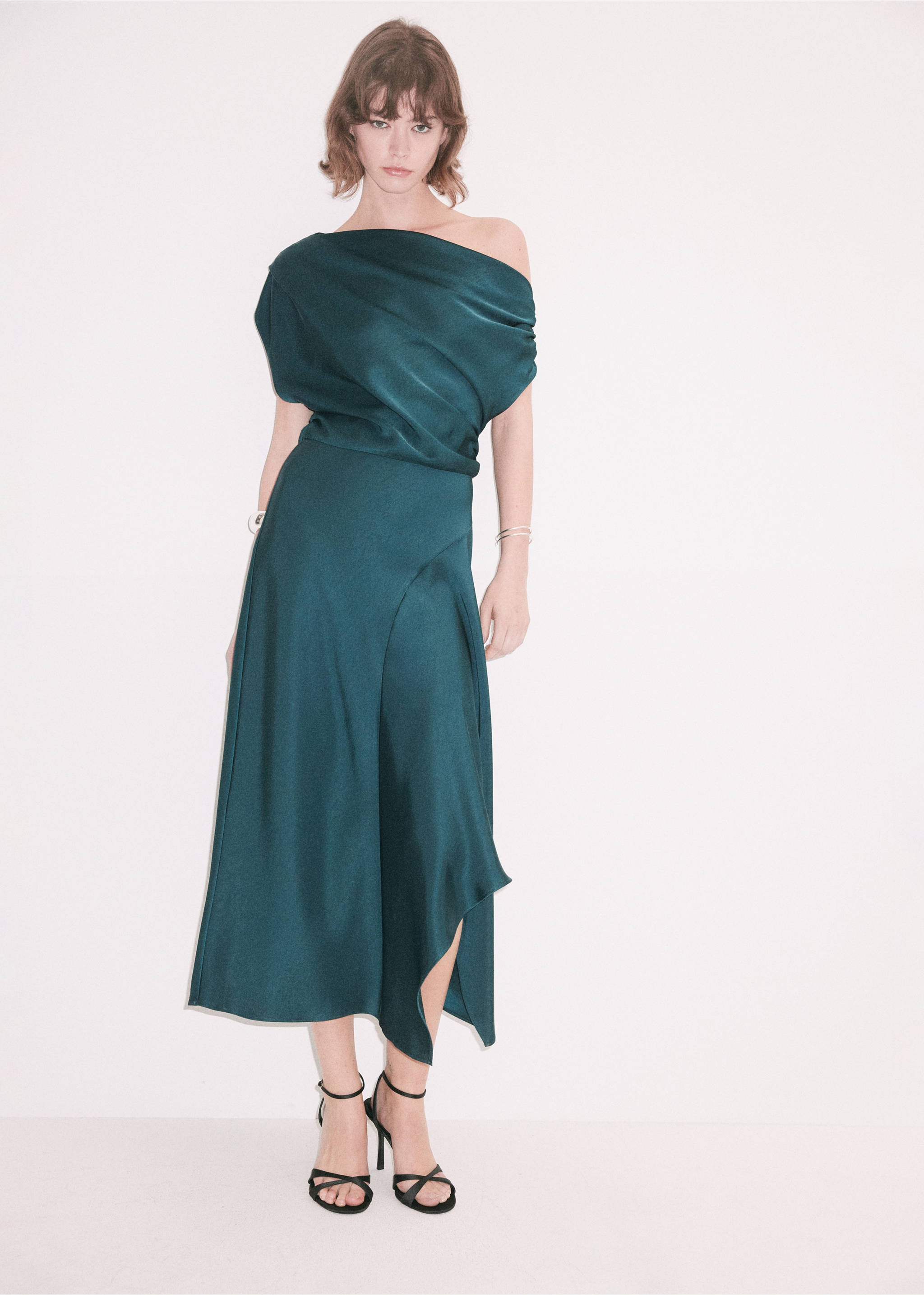 Dark teal one-shoulder midi dress with a draped bodice and handkerchief hem., Green. Ref: 37013869-00.