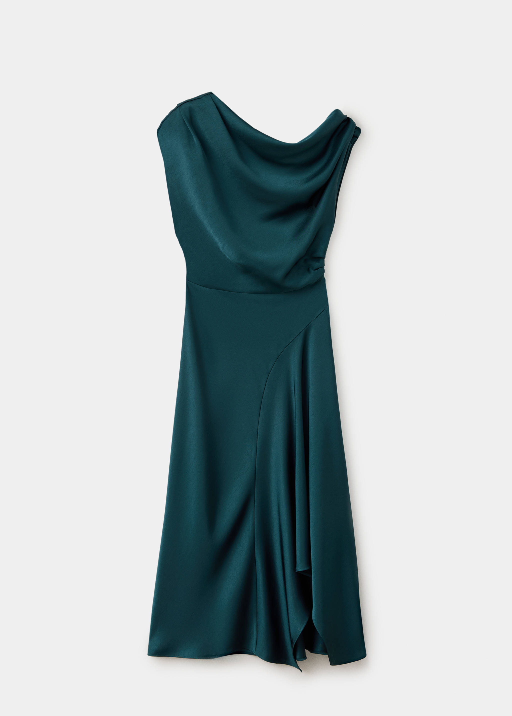 Dark teal green sleeveless dress with a draped cowl neck and cascading ruffle.