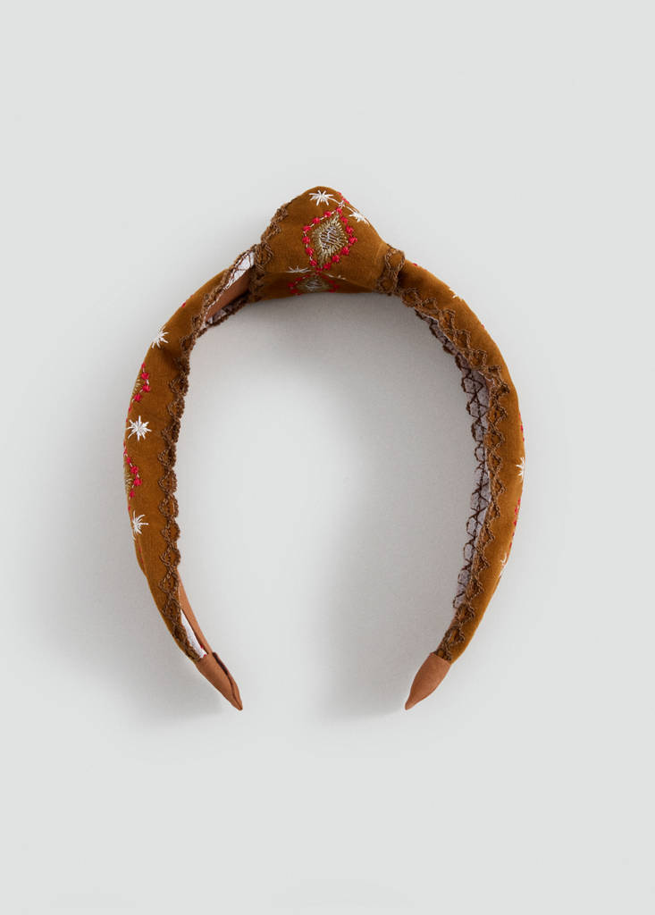 Knotted headband with embroidered details — Medium Brown