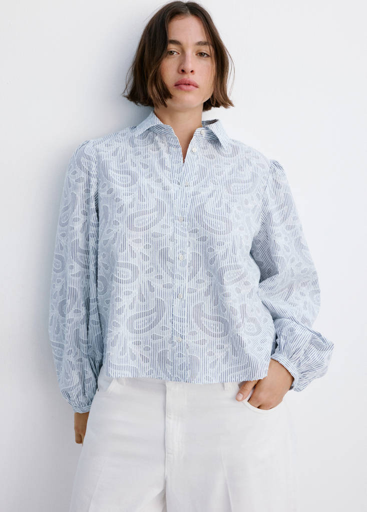 Striped shirt with embroidered details — Sky Blue