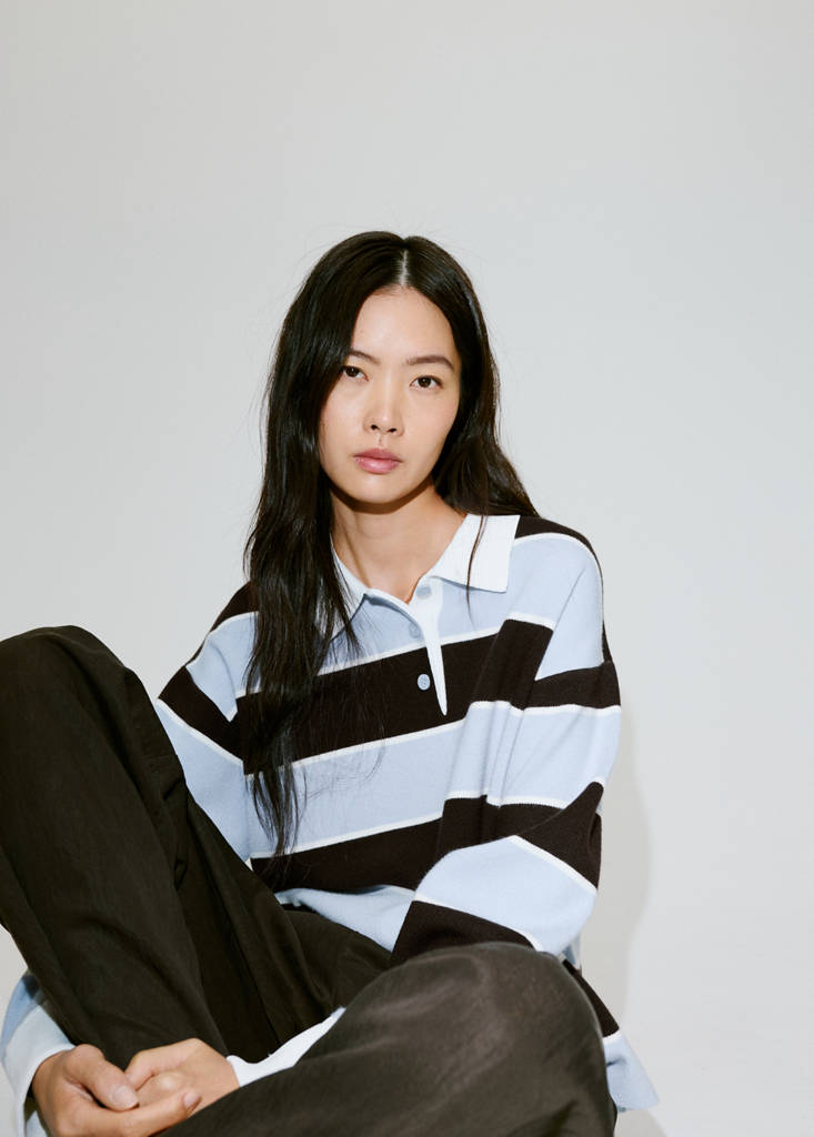 Striped polo neck sweater — Sky Blue