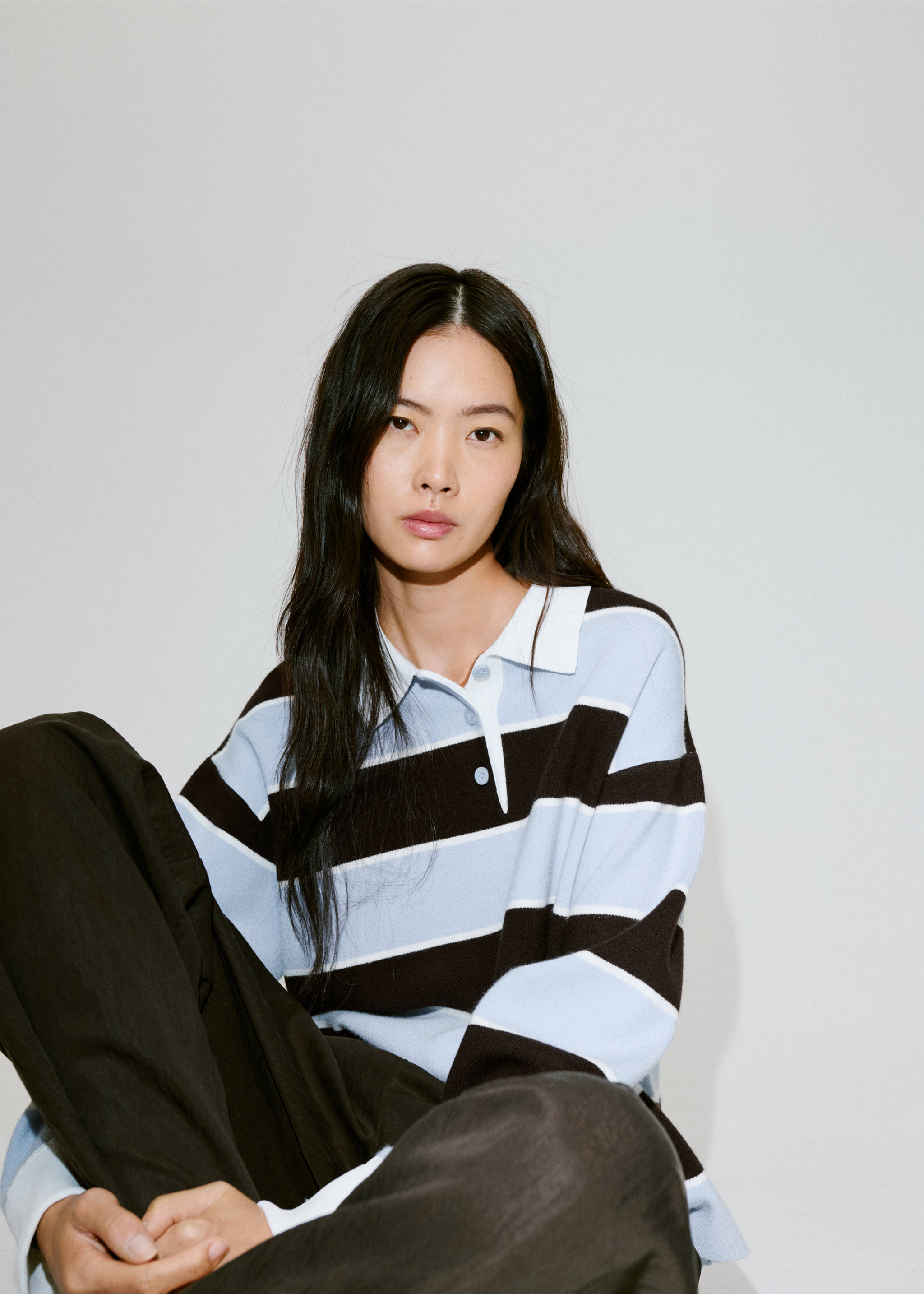 Striped polo neck sweater - Details of the article 3, Sky Blue. Ref: 37014079-00.