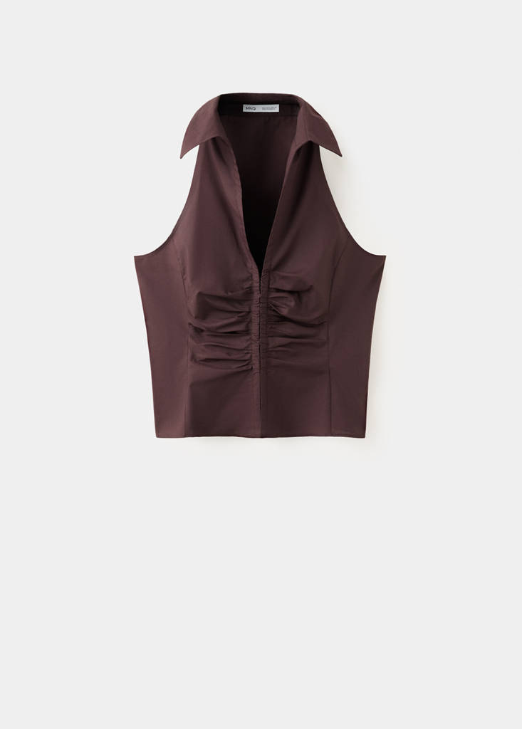 V-neck gathered blouse — Brown