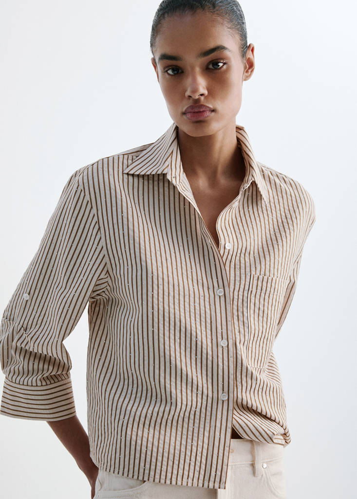 Striped shirt with strass — Brown