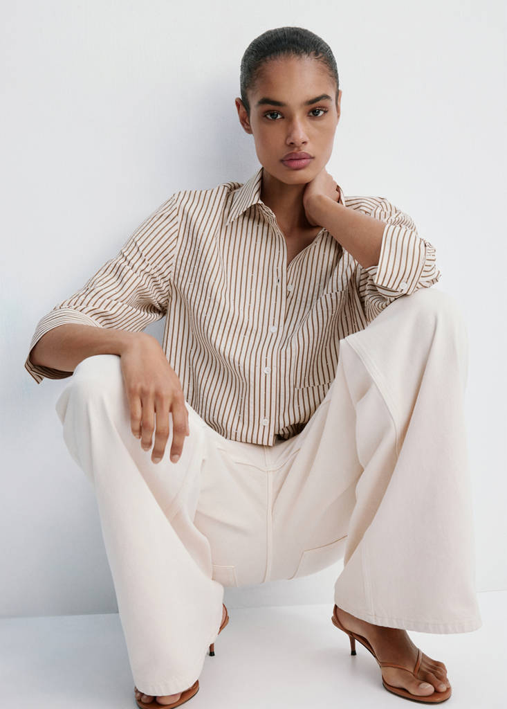 Striped shirt with strass — Brown