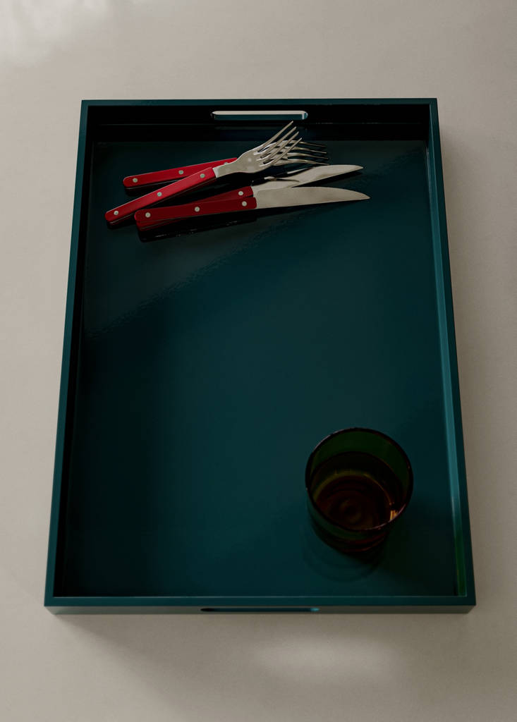 Lacquered rectangular tray 51x36x4cm — Petrol Blue