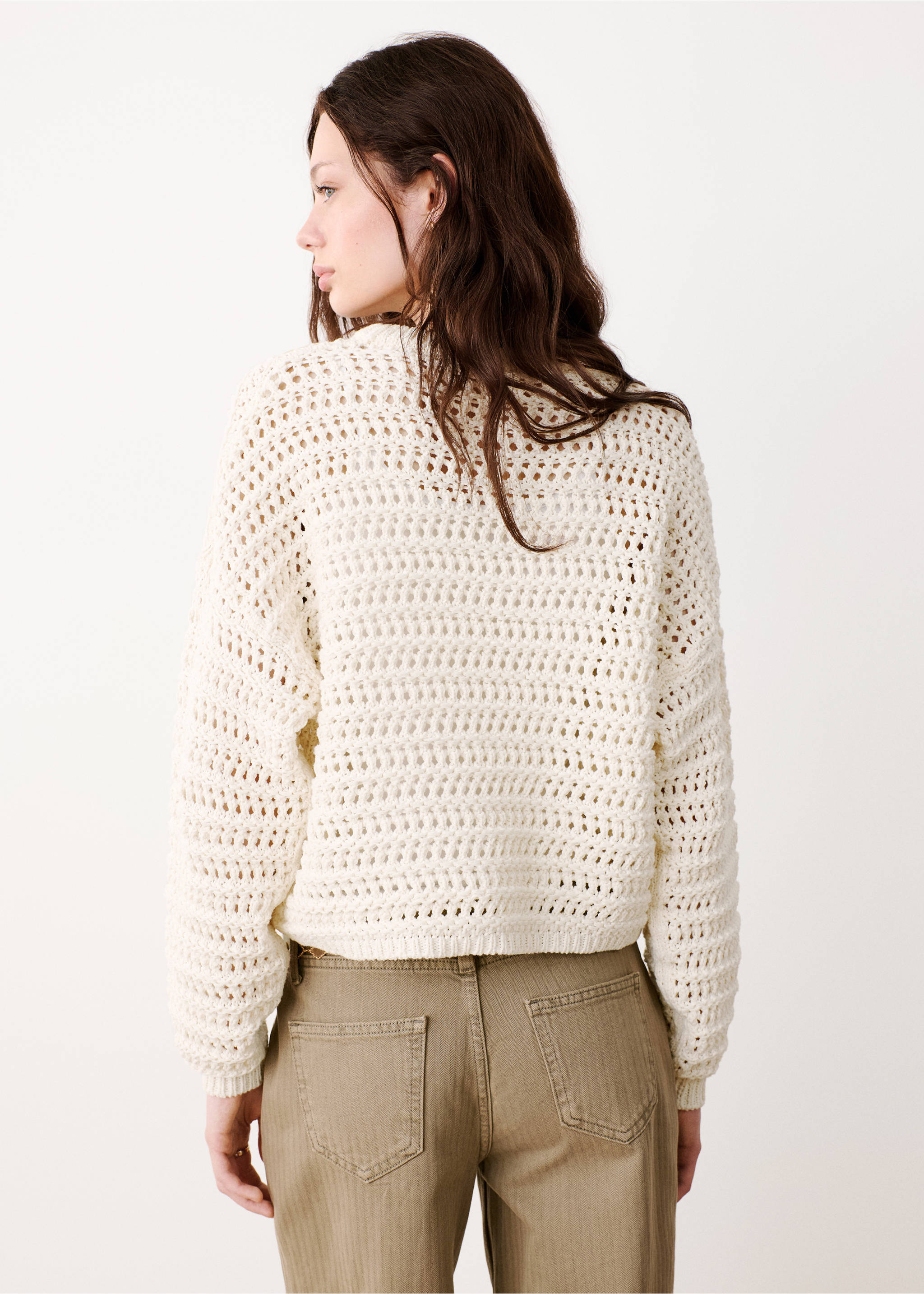 Long-sleeved crochet sweater - Reverse of the article, Off White. Ref: 37014100-00.