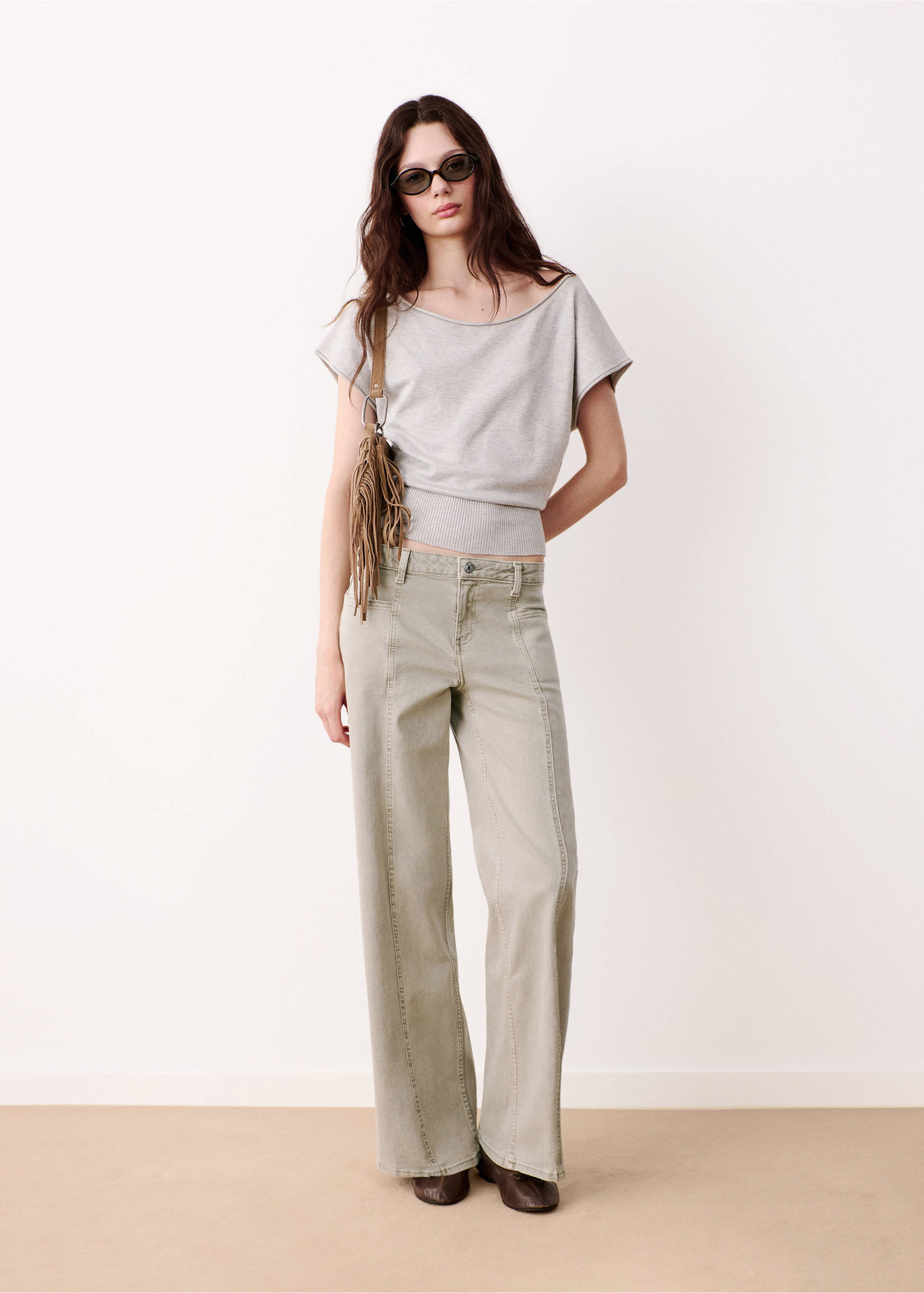 Jeans wide leg costuras decorativas - Plano general, Khaki. Ref: 37014109-00.