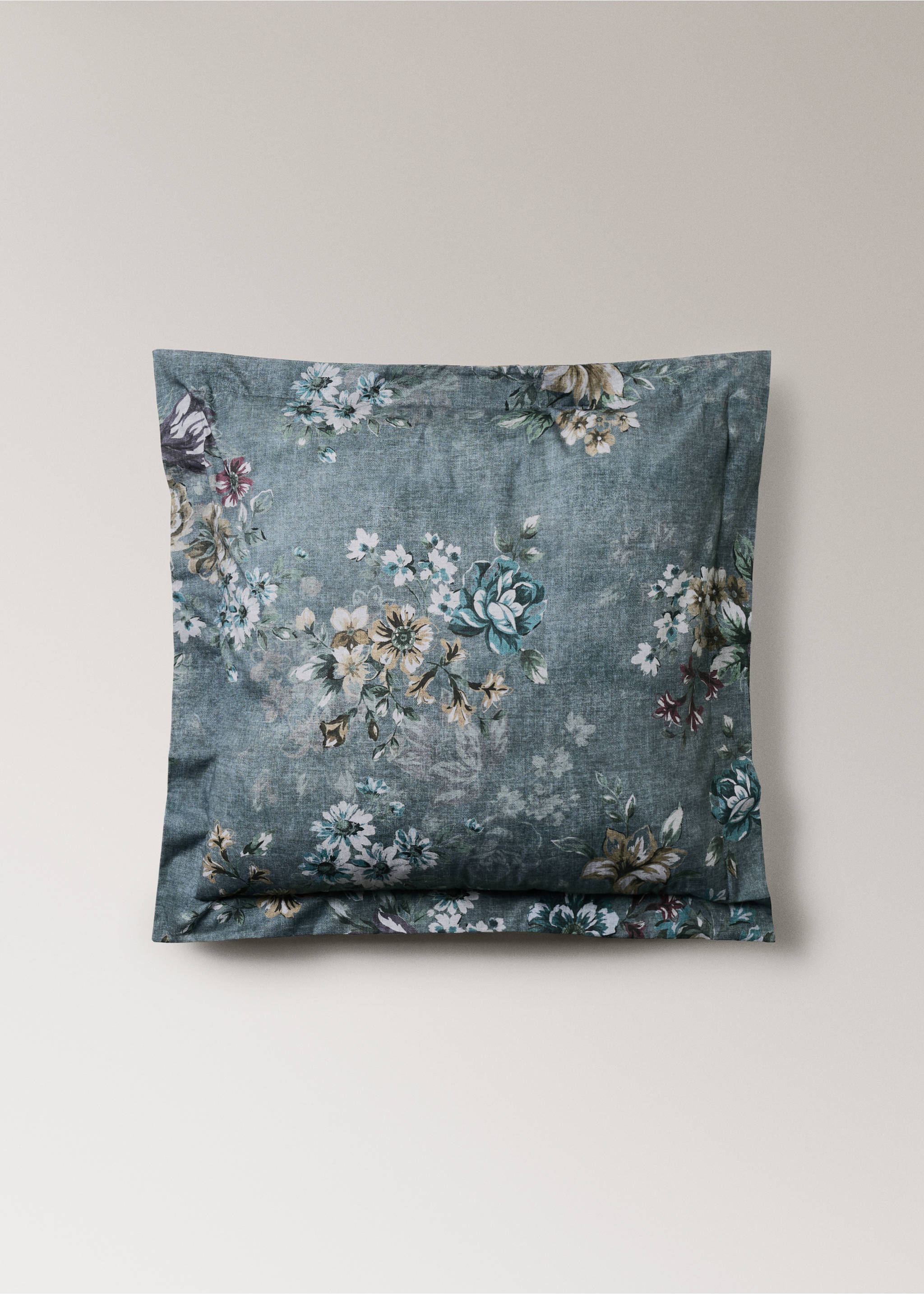 Blue-grey floral print pillowcase., Forest Green. Ref: 37014110-00.