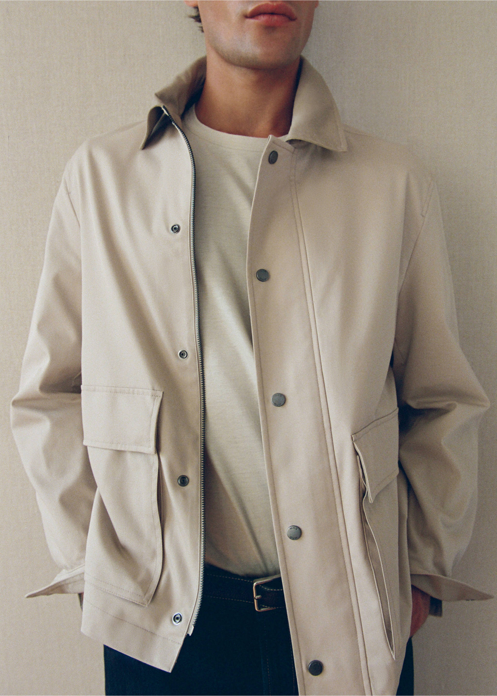 Water-repellent cotton-blend jacket - Details of the article 5, Beige. Ref: 37014406-00.