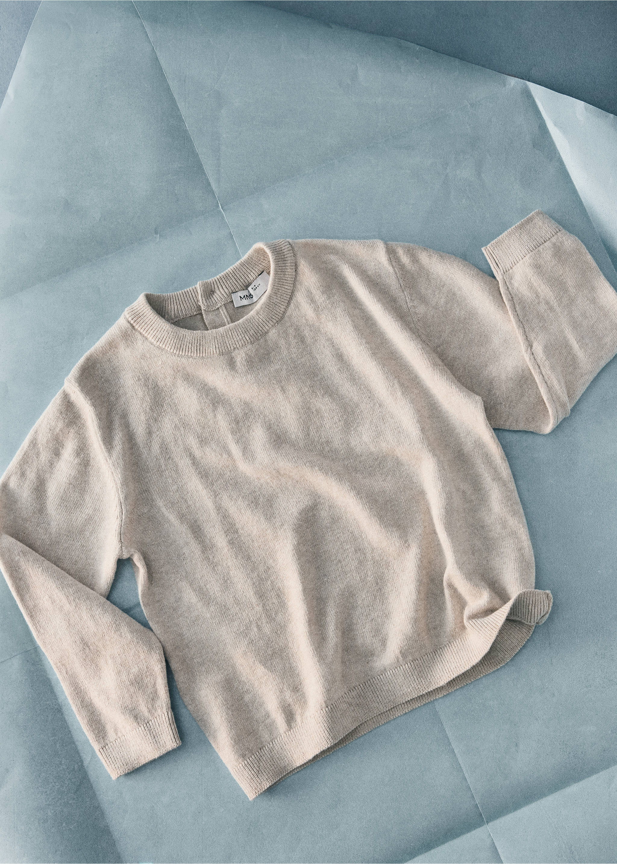 Light beige knitted children's jumper with a ribbed round neckline and button placket., Beige. Ref: 37014408-00.