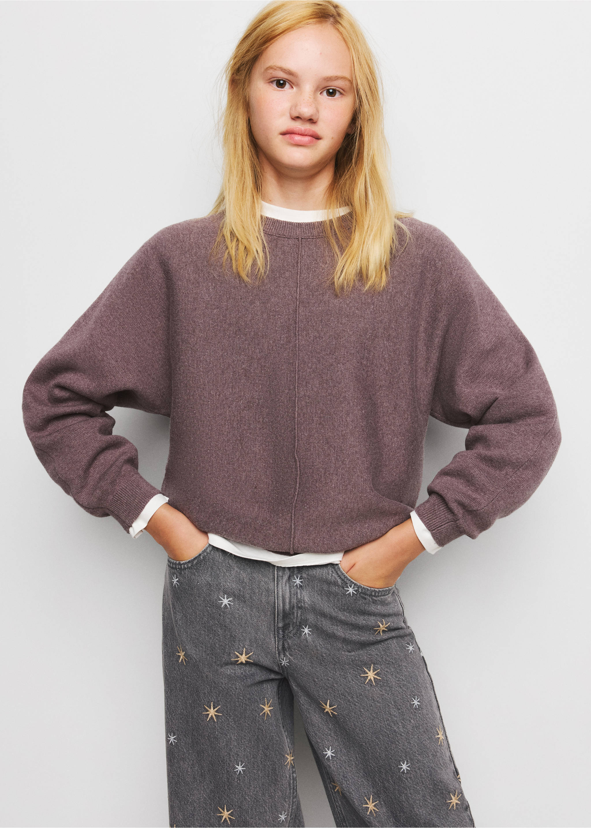 Weit geschnittene Jeans mit Sternstickerei - Mittlere Ansicht, Denim Grau. Ref: 37014418-00.